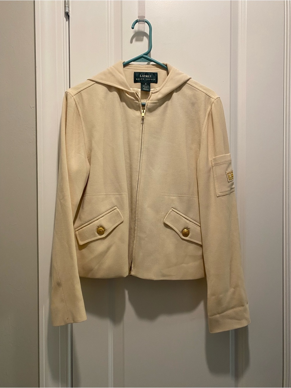 Lauren Ralph Lauren Cream W/Hood Military Jacket Gold Accent SZ S Wool Tiny Spot